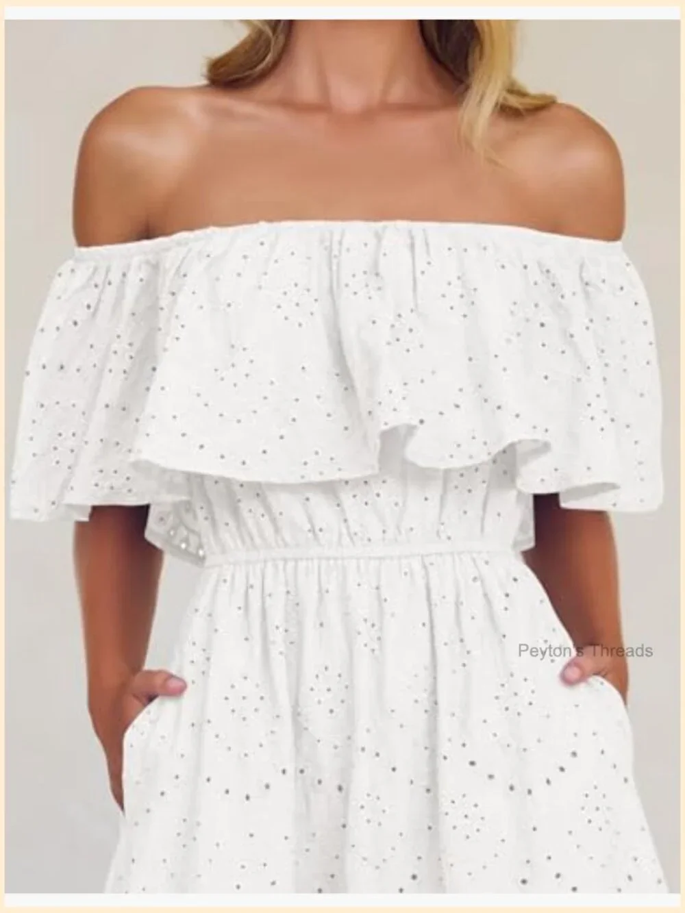 Off Shoulder Ruffle Midi Dress Short Sleeve High Waist Hollow Out Embroidery - Picture 5 of 7